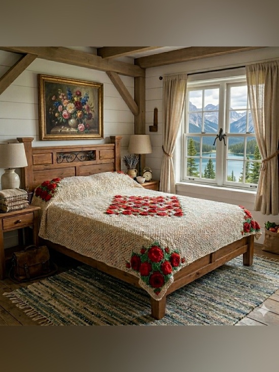 Vintage Other - Vintage King Size Cottagecore Boho Square 3-D Roses Crocheted Blanket 96” x 96”